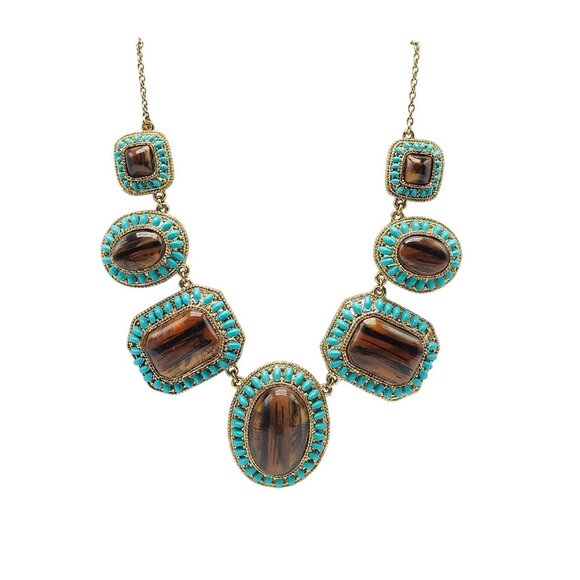 Vintage 1980s Ethnic Big Bold Link Necklace With Tigers Eye Stones Aqua Beads - Picture 1 of 7